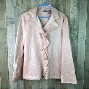 Chico’s Size 3 (Flaw) Light Pastel Pink Jacket Long Sleeve 3 Button Ruffle Front